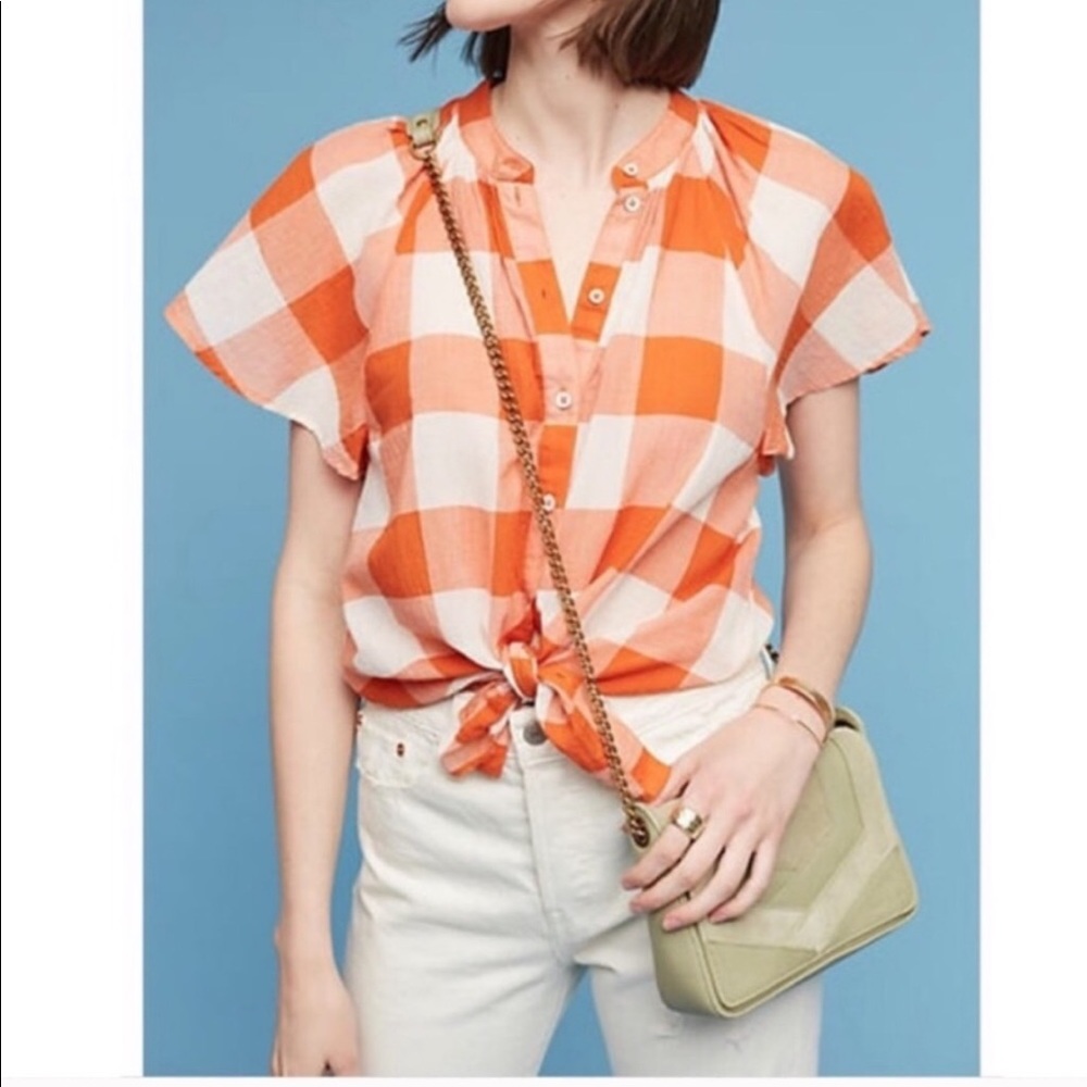 Anthropologie Maeve Orange and white plaid shirt S